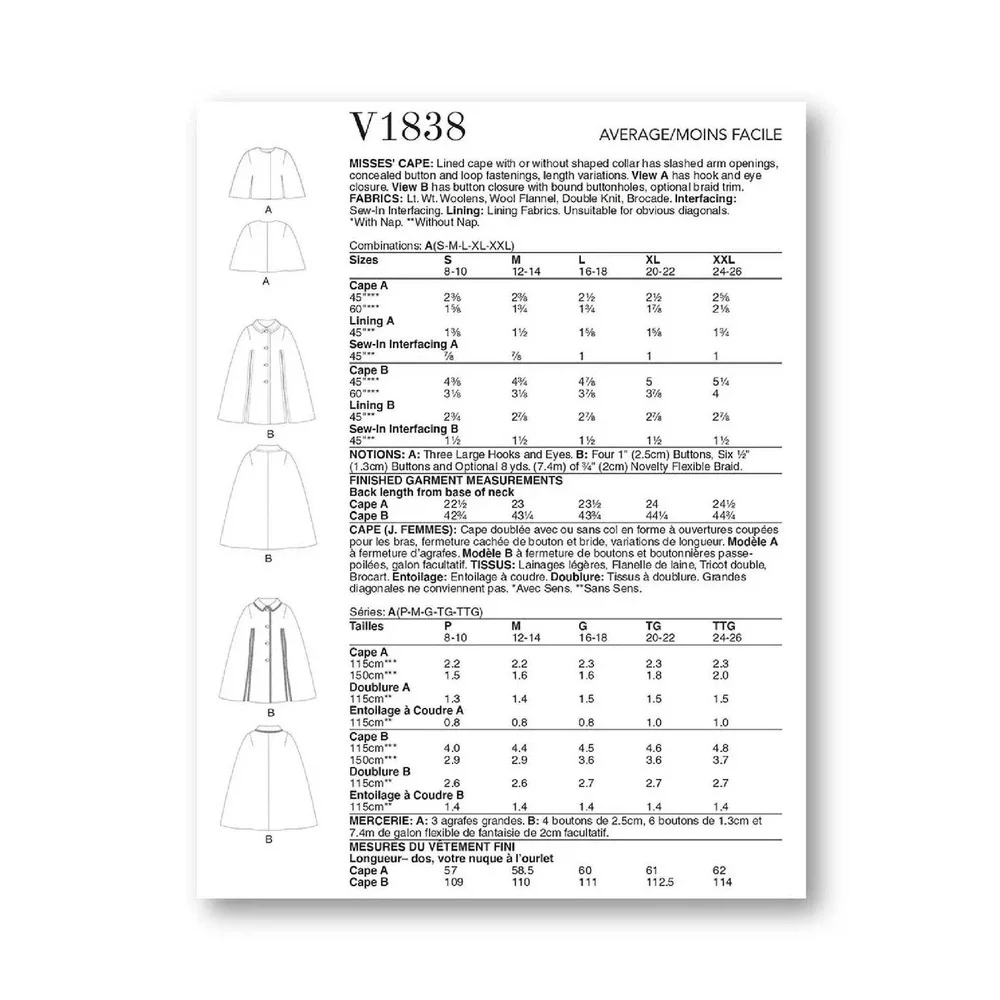 Vogue‎ V1838 Cape Sewing Pattern Women S-XXL 1963 Vintage Reissue Lined